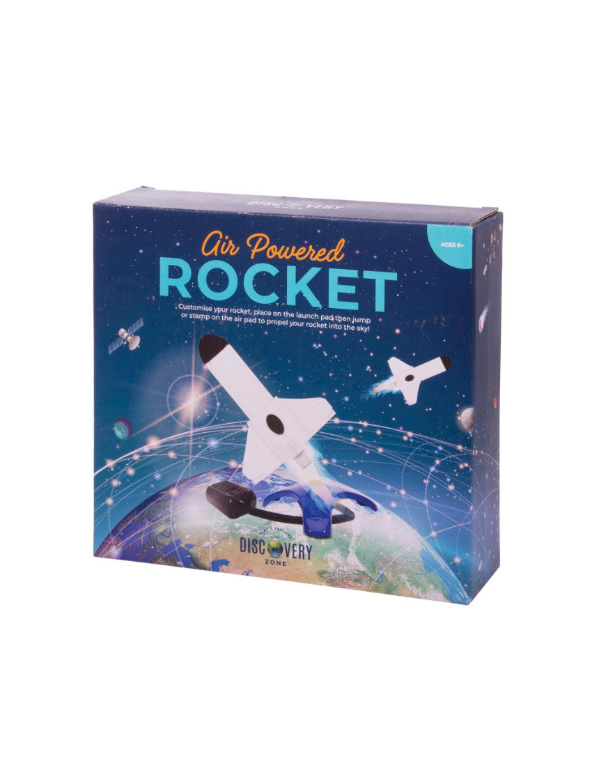 Kids' air powered rocket by isAlbi flying through the air with a blue body and red fins, demonstrating fun outdoor play.