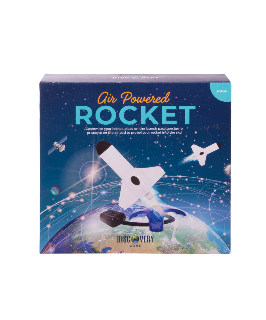 Kids' air powered rocket by isAlbi flying through the air with a blue and orange design against a clear sky.