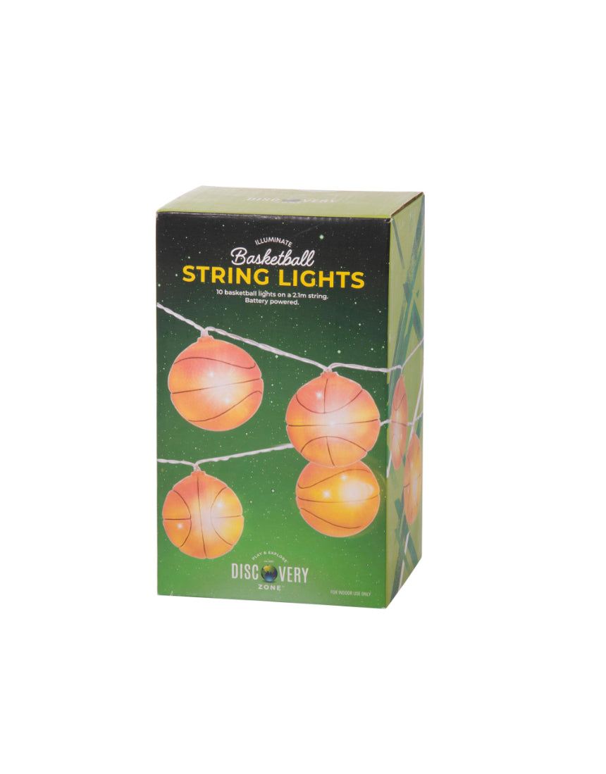 Colorful Illuminate Basketball String Light by isAlbi showing basketball-shaped lights hanging on a string for outdoor decor