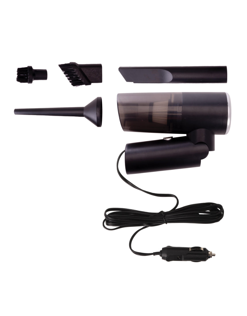 isAlbi Deluxe Car Vacuum Cleaner and Pump for car cleaning, showing compact handheld device and accessories for interior cleaning.