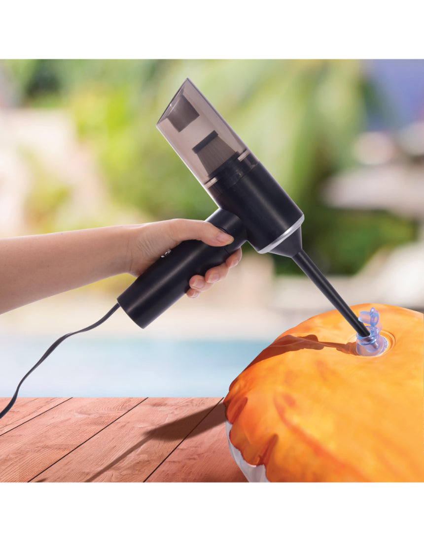 isAlbi Deluxe car vacuum cleaner and pump for car cleaning, showing compact design and attachments for interior cleaning.