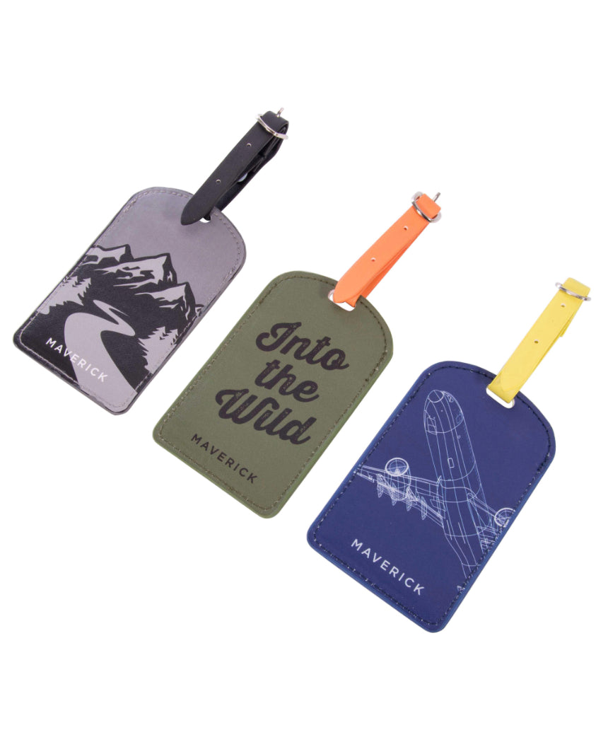 Assorted isAlbi luggage tags with colorful designs, attached to travel bags for easy identification and style.
