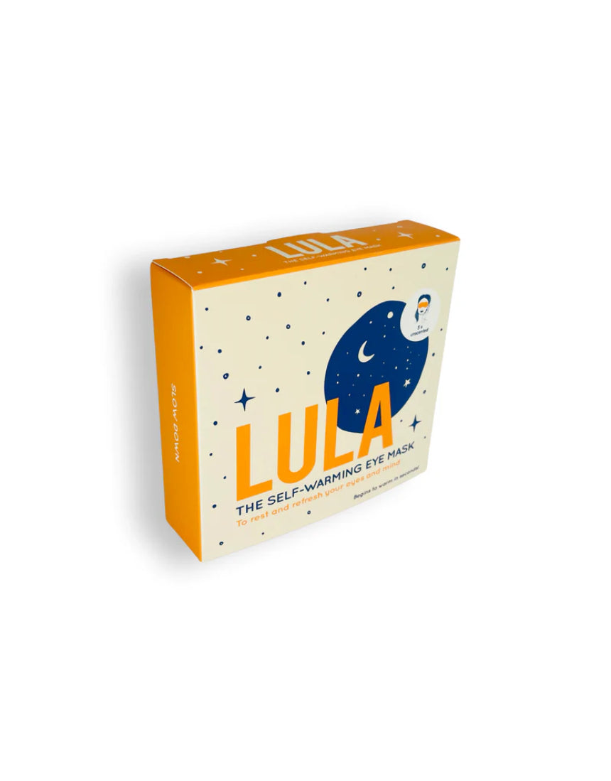 Lula self-warming unscented eye mask showing soft fabric cover with adjustable strap for comfortable fit.