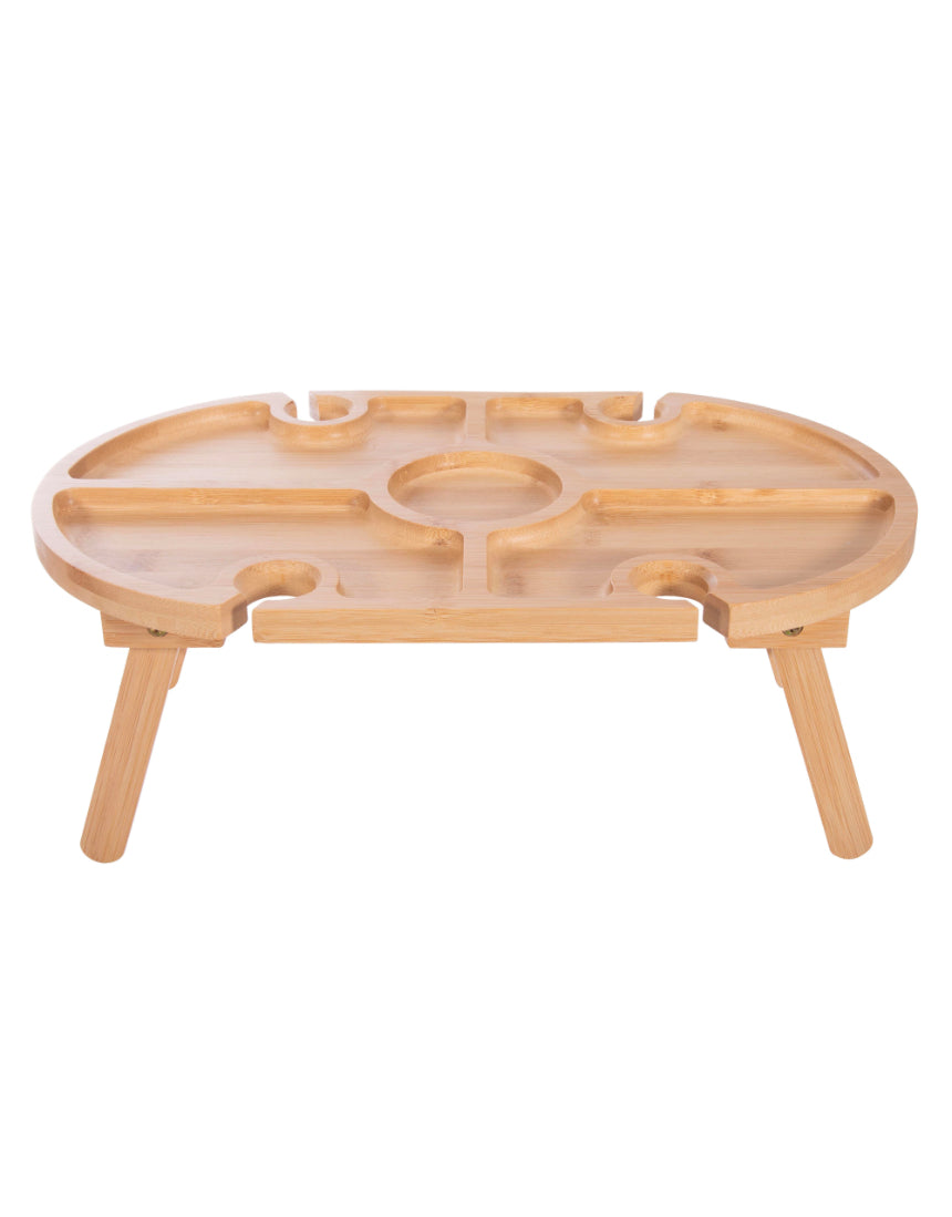 Mini isAlbi picnic table with attached benches, made of wood, perfect for outdoor gatherings and compact picnic setups.