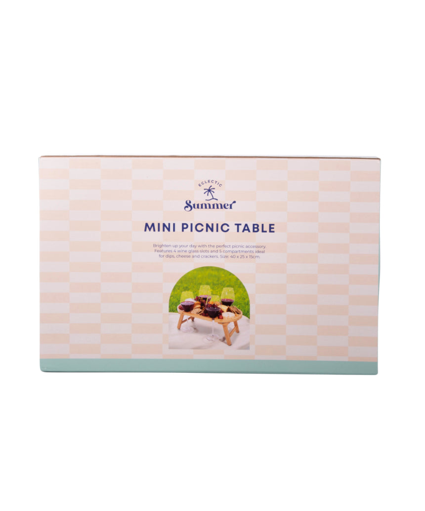 isAlbi mini picnic table with two wooden benches and a small rectangular tabletop, perfect for outdoor picnics.