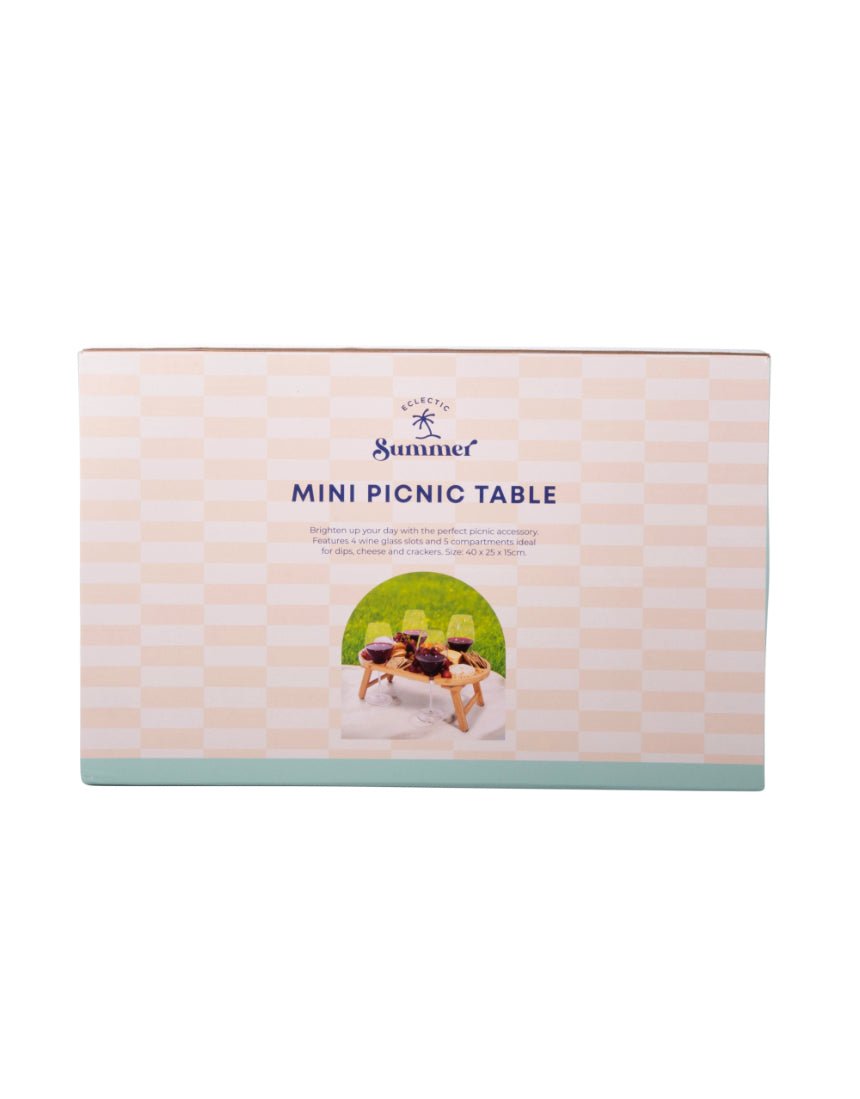 isAlbi mini picnic table with two wooden benches and a small rectangular tabletop, perfect for outdoor picnics.