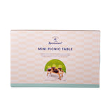 isAlbi mini picnic table with two wooden benches and a small rectangular tabletop, perfect for outdoor picnics.