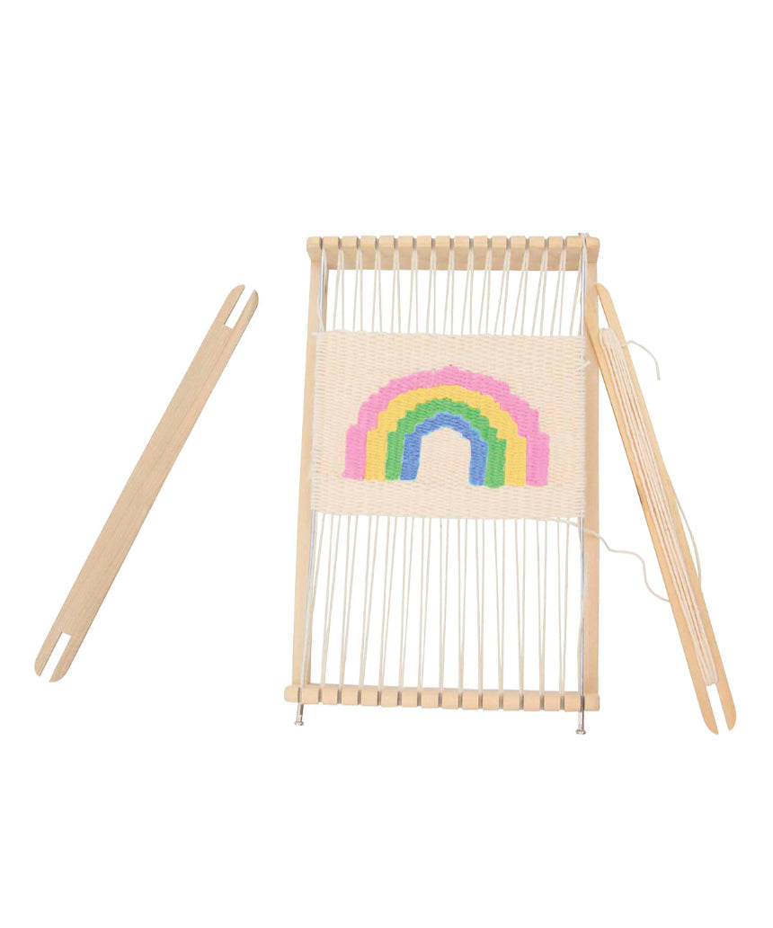 Rainbow wooden weaving loom for picnic crafts by isAlbi, featuring colorful wooden frame and weaving tools.