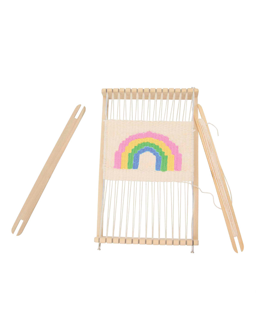 Rainbow wooden weaving loom for picnic crafts by isAlbi, featuring colorful wooden frame and weaving tools.