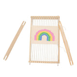 Rainbow wooden weaving loom for picnic crafts by isAlbi, featuring colorful wooden frame and weaving tools.