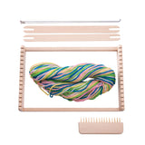 Rainbow wooden weaving loom for picnic crafts by isAlbi, featuring colorful wooden slats and weaving tools on a natural background.