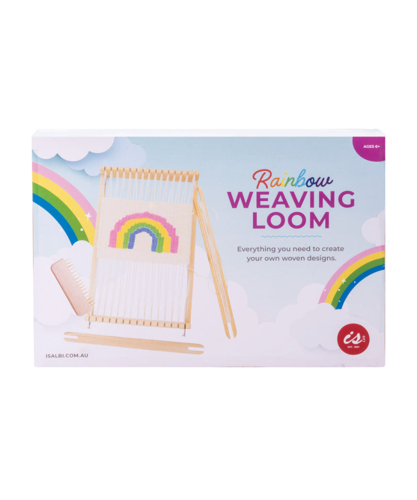Rainbow wooden weaving loom for picnic crafts by isAlbi, featuring colorful wooden frame and weaving tools on a flat surface.