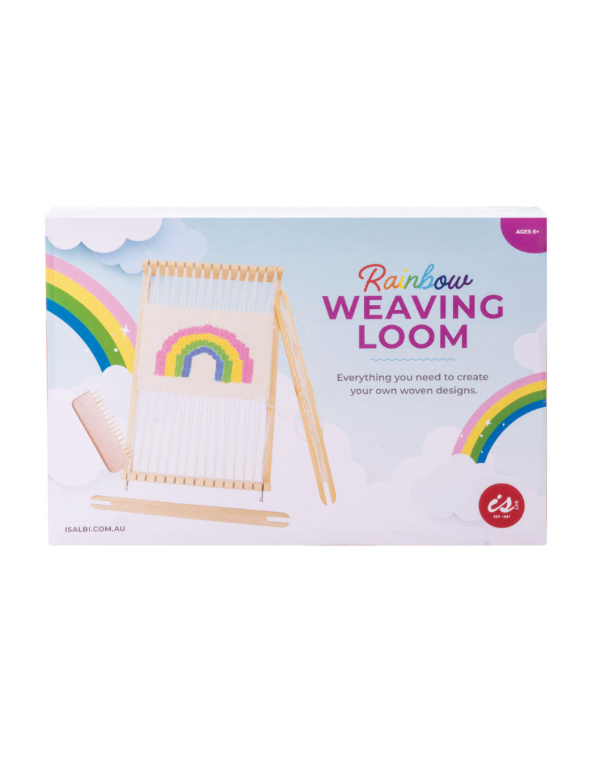 Rainbow wooden weaving loom for picnic crafts by isAlbi, featuring colorful wooden frame and weaving tools on a flat surface.