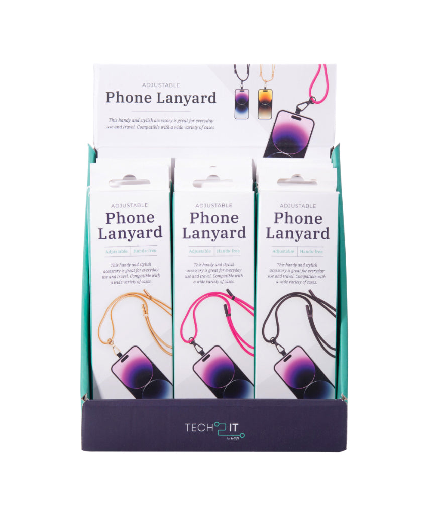 Adjustable isAlbi phone lanyard with colorful straps, designed to securely hold and carry smartphones comfortably.