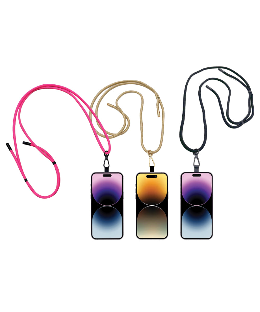 Adjustable isAlbi phone lanyard in assorted colors with clip and strap, designed for secure smartphone carrying.