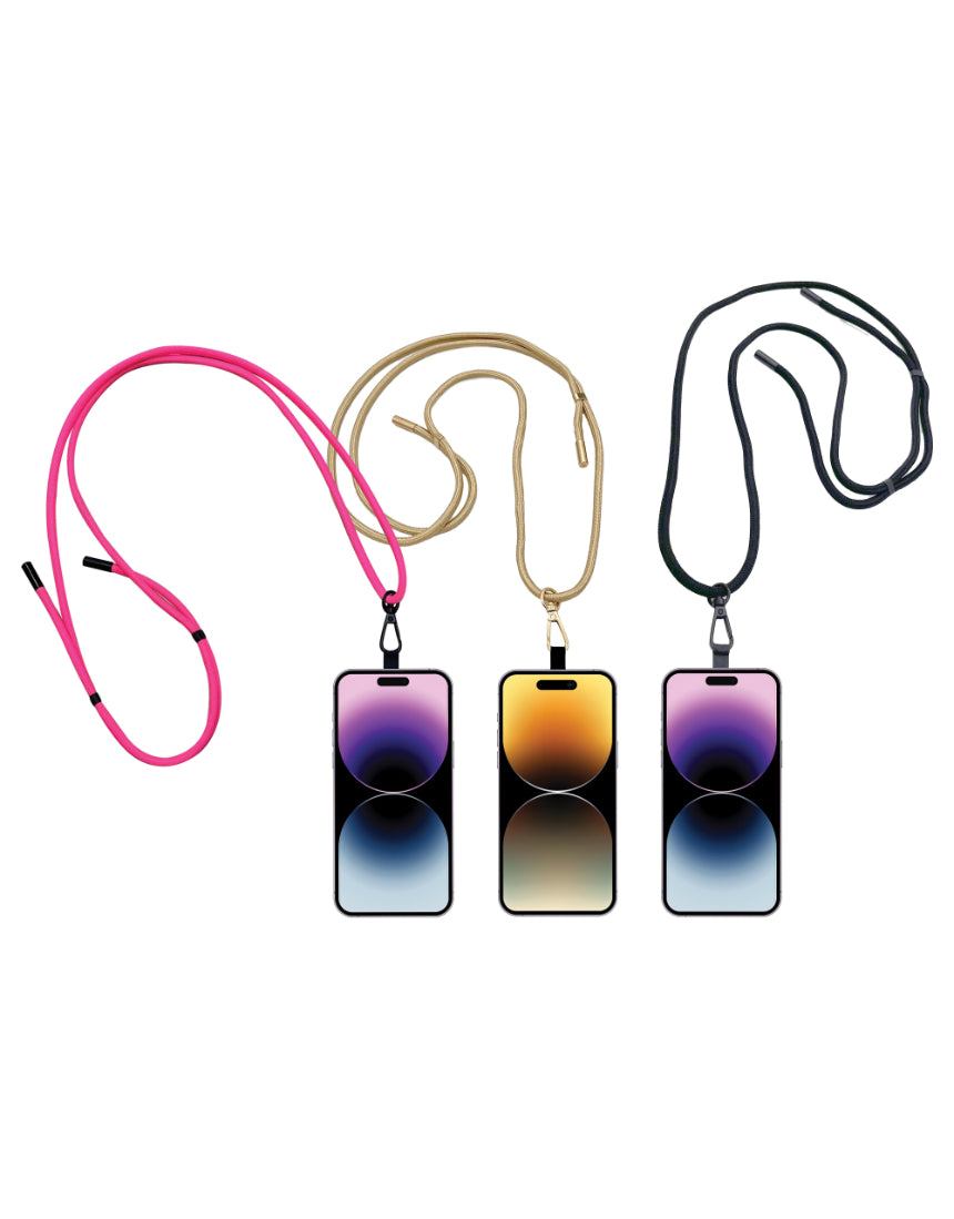 Adjustable isAlbi phone lanyard in assorted colors with clip and strap, designed for secure smartphone carrying.