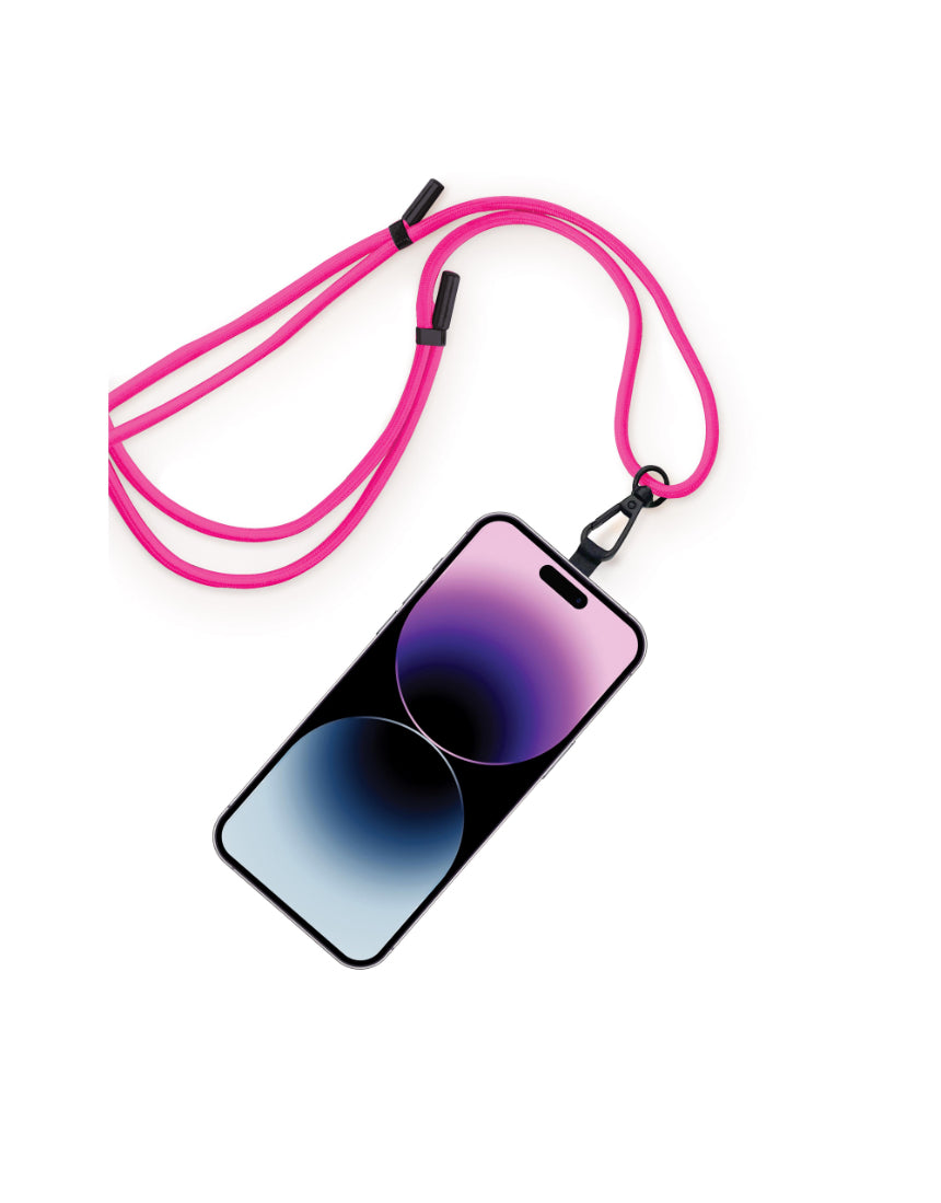 Adjustable isAlbi phone lanyard in assorted colors with a secure clip, designed for hands-free carrying and easy access.