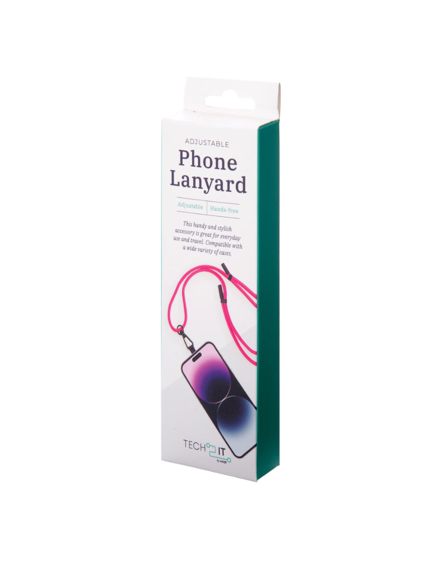 Adjustable isAlbi phone lanyard in assorted colors with clip and strap for hands-free phone carrying.