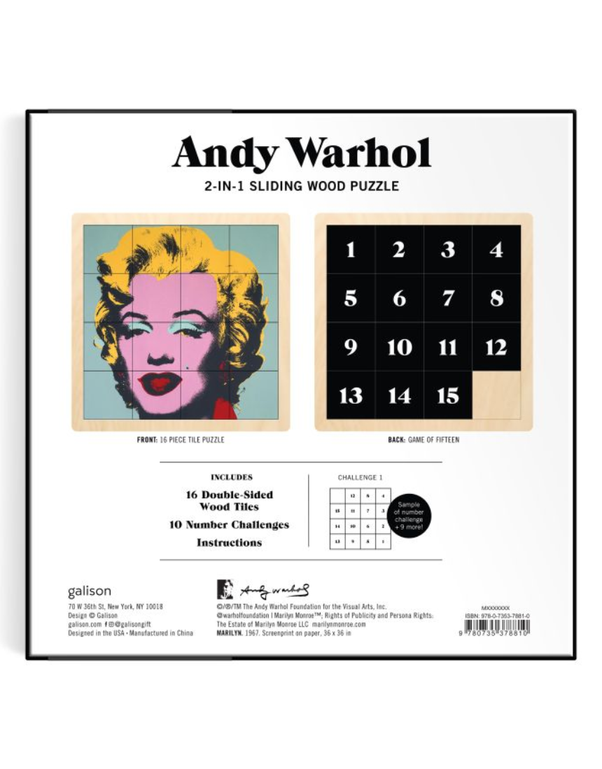 Wooden 2-in-1 puzzle featuring Andy Warhol's Marilyn Monroe artwork by IS Gift, with colorful pop art design.