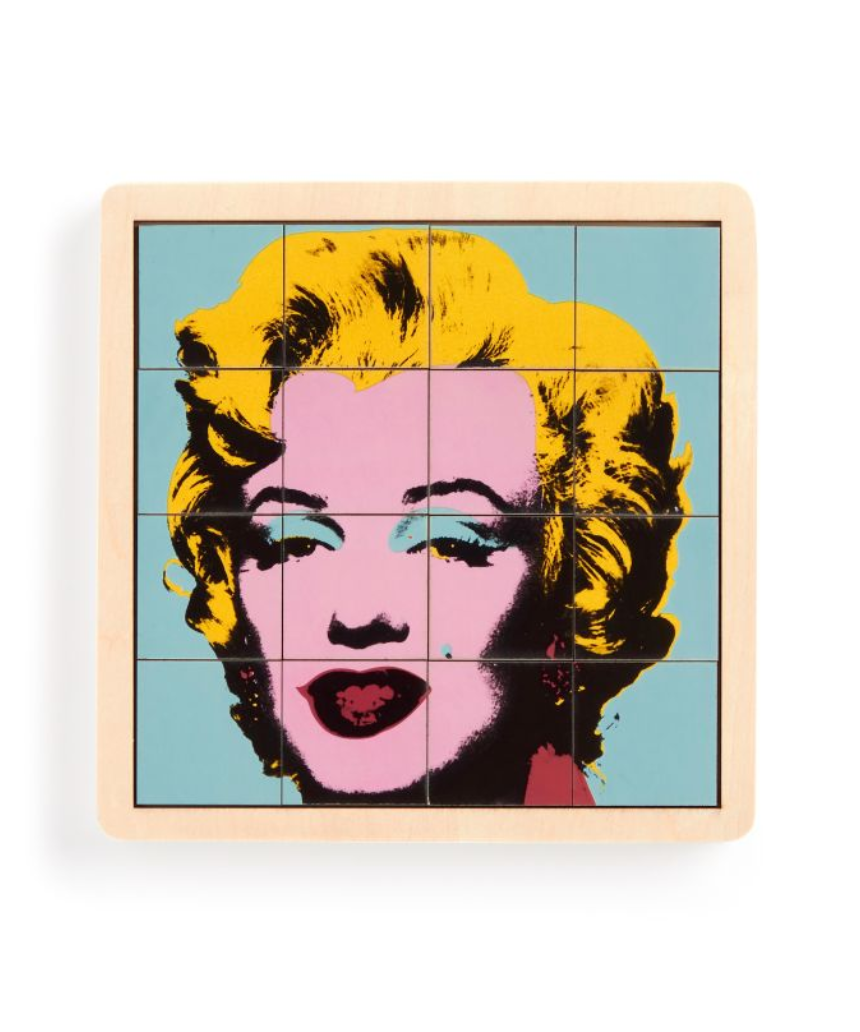 Andy Warhol Marilyn 2-in-1 wooden puzzle by IS Gift, featuring colorful Marilyn Monroe artwork and interlocking puzzle pieces.