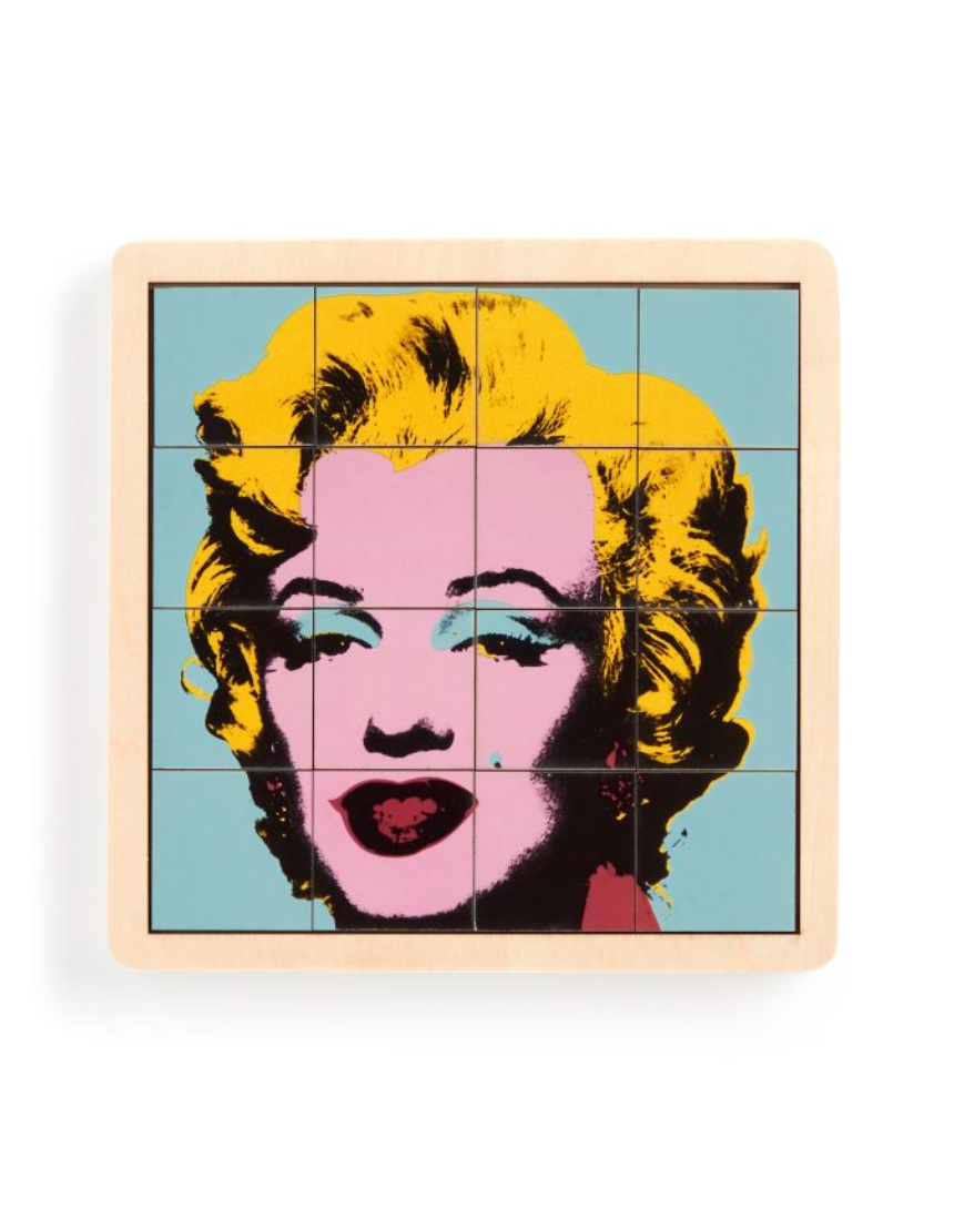Andy Warhol Marilyn 2-in-1 wooden puzzle by IS Gift, featuring colorful Marilyn Monroe artwork and interlocking puzzle pieces.