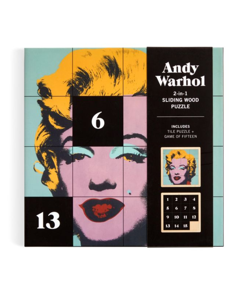 Wooden puzzle featuring Andy Warhol Marilyn Monroe artwork by IS Gift, 2-in-1 design with colorful, detailed images.