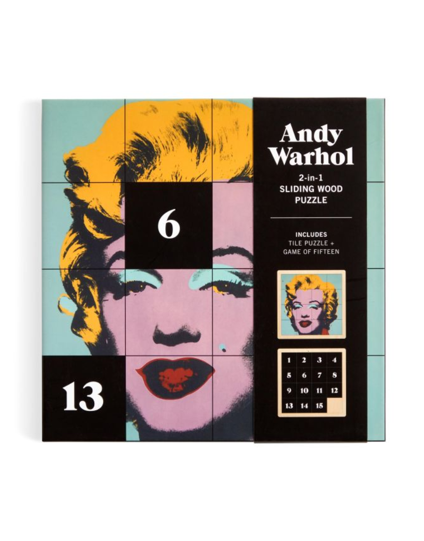 Wooden puzzle featuring Andy Warhol Marilyn Monroe artwork by IS Gift, 2-in-1 design with colorful, detailed images.