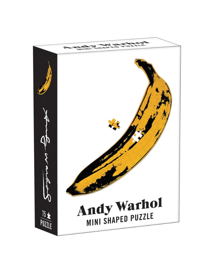 Mini banana puzzle featuring Andy Warhol artwork, by IS Gift, with colorful, abstract design on a small, collectible puzzle piece.