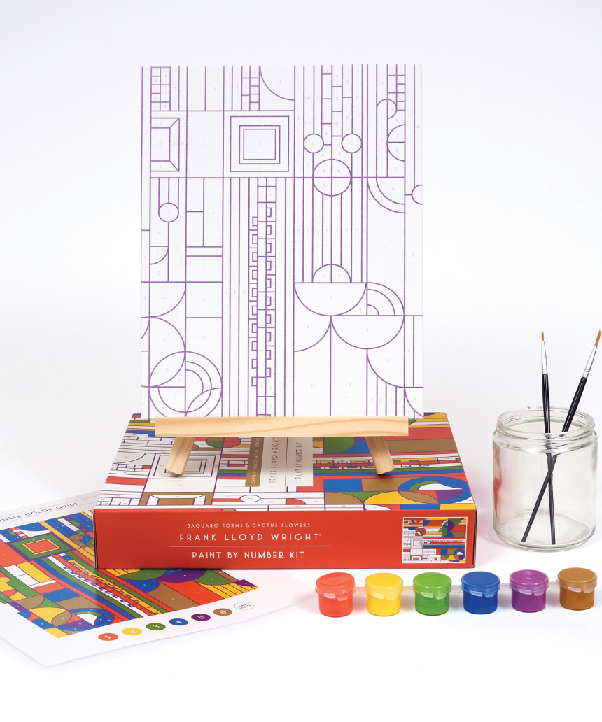 ISgift Frank Lloyd Wright Cactus and Form Paint By Number Kit showing a colorful paint palette and partially completed artwork.