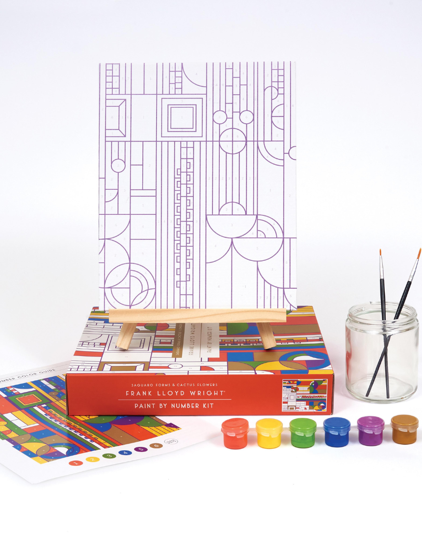 ISgift Frank Lloyd Wright Cactus and Form Paint By Number Kit showing a colorful paint palette and partially completed artwork.