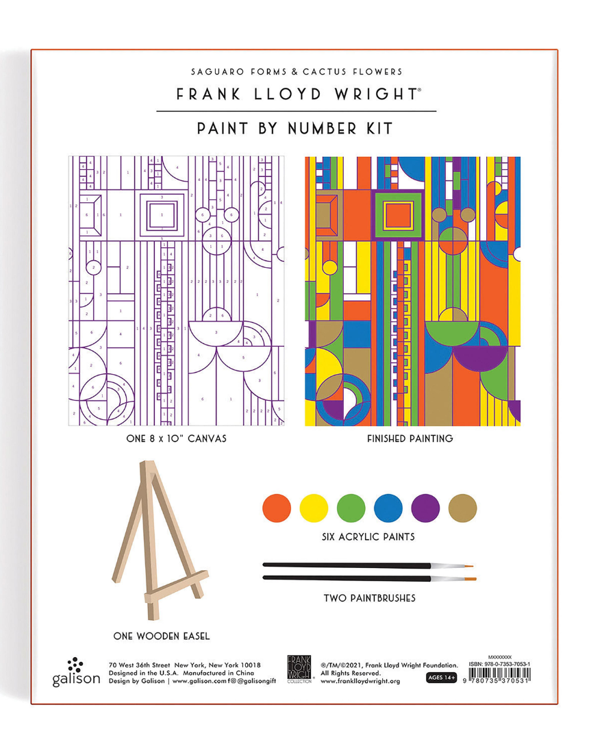 Frank Lloyd Wright cactus and abstract form paint by number kit from IS Gift, featuring colorful artwork and painting supplies.