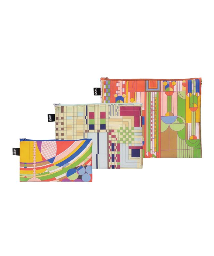 Set of three Frank Lloyd Wright Zip Pockets by Isgift, featuring stylish and functional fabric pockets with Wright-inspired designs.