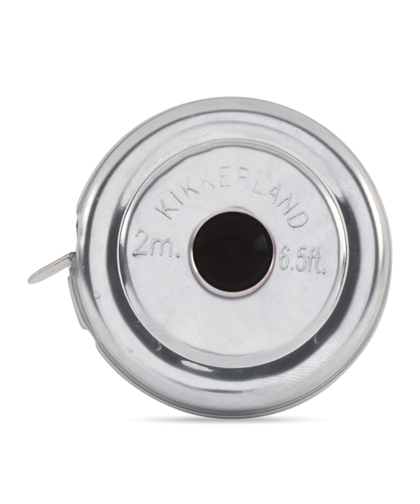 Isgift mini tape measure in black with yellow accents showing measurement markings on a white background.