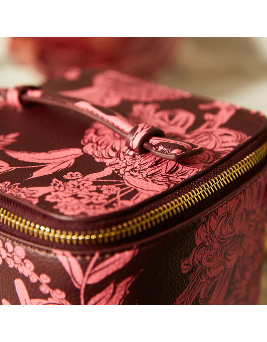 Sage x Clare Delphine small vanity case in garnet with floral pattern, perfect for cosmetics and toiletry storage.