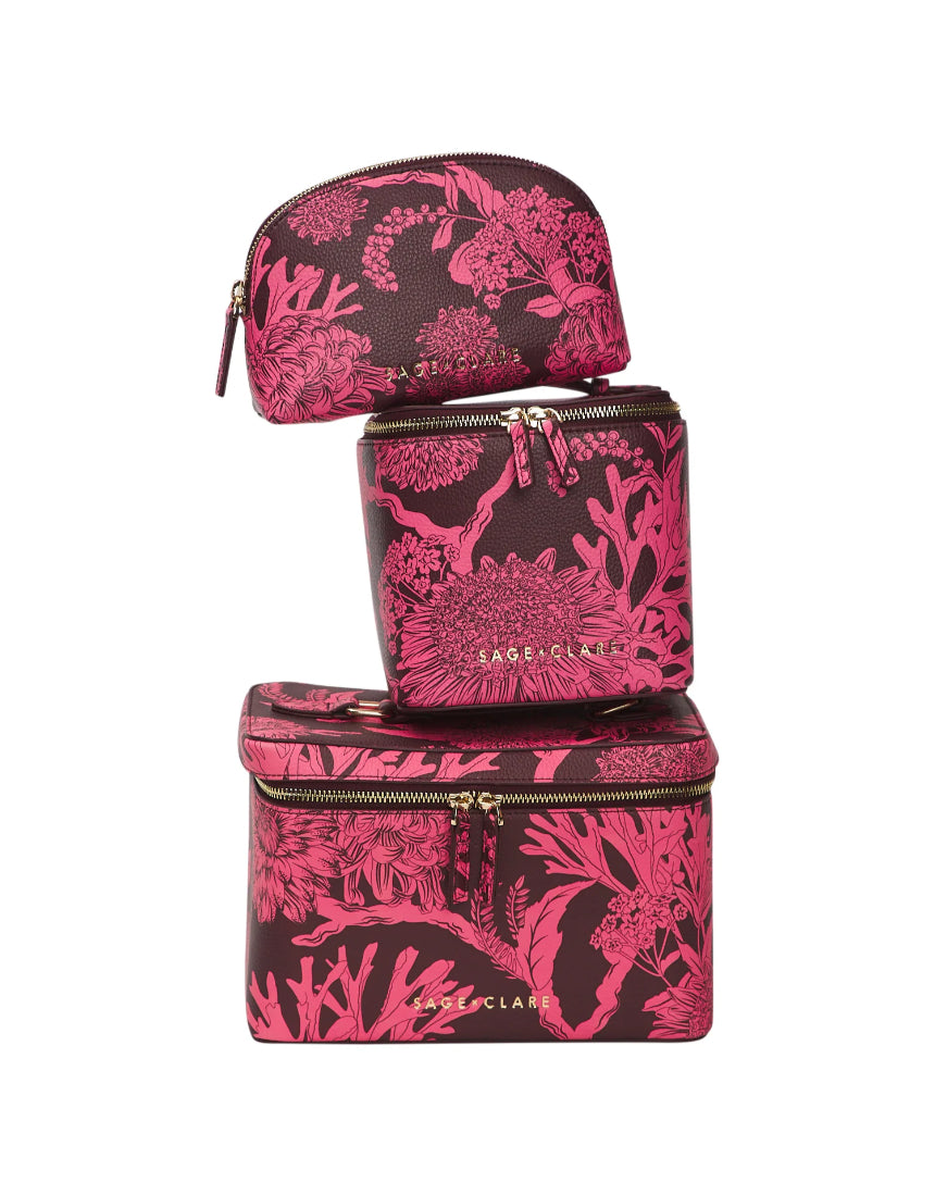 Sage x Clare Delphine small vanity case in garnet with floral pattern, designed for cosmetics and toiletries.