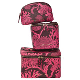 Sage x Clare Delphine small vanity case in garnet with floral pattern, designed for cosmetics and toiletries.