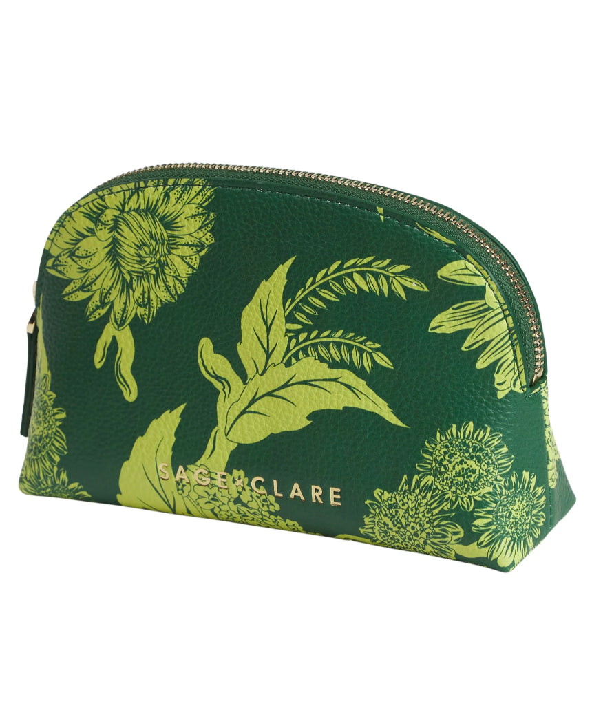 Sage x Clare Delphine Anise cosmetic pouch with floral pattern, compact toiletry bag for makeup and toiletries.