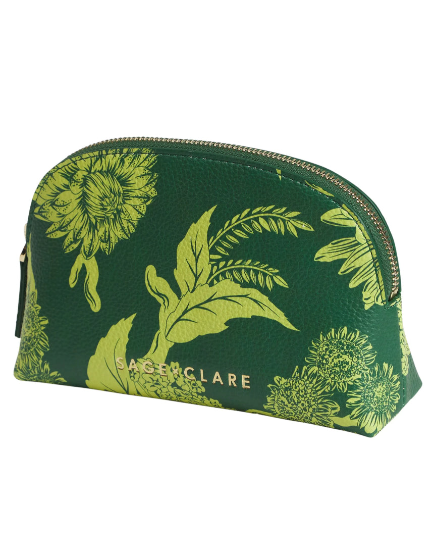 Sage x Clare Delphine Anise cosmetic pouch with floral pattern, compact toiletry bag for makeup and toiletries.
