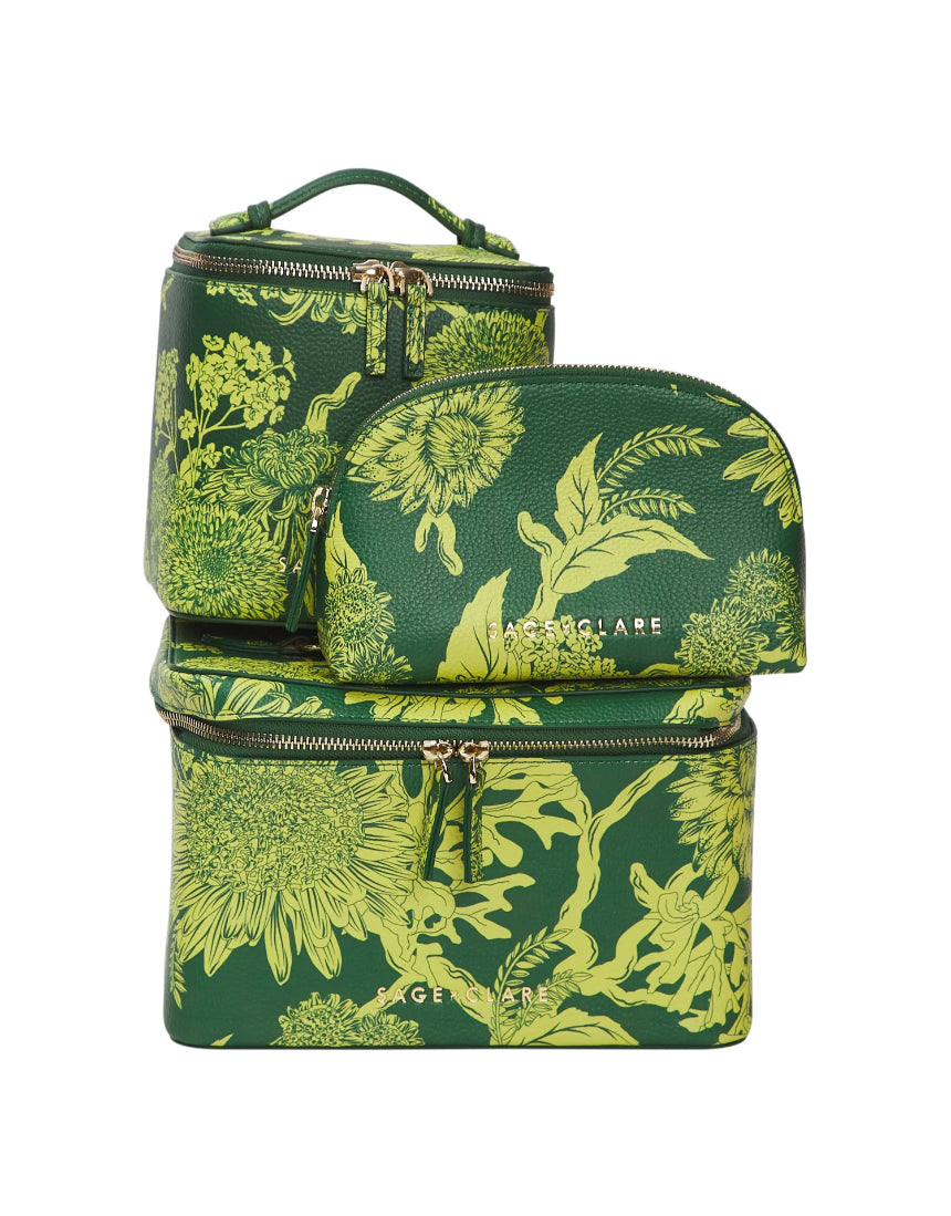 Sage x Clare Delphine Anise cosmetic pouch with floral pattern, compact toiletry bag for makeup and accessories.