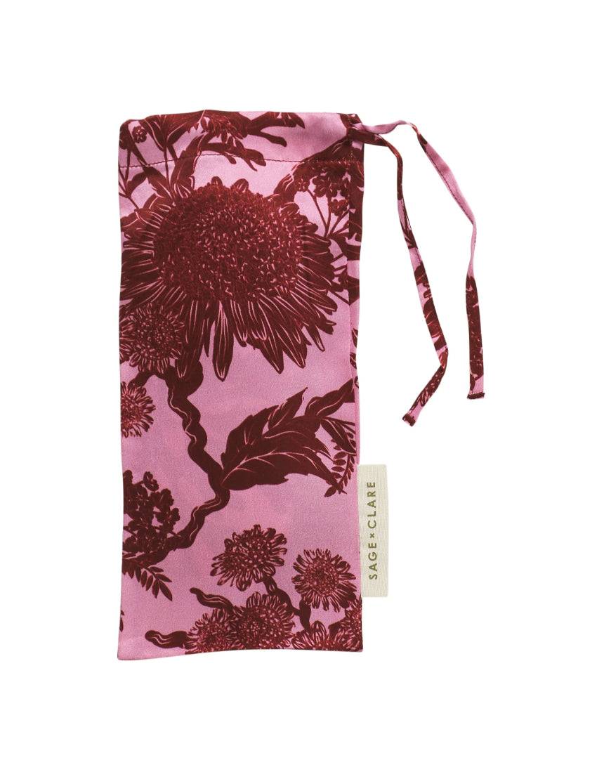 Sage x Clare Delphine Silk Eye Mask in orchid with elegant floral design and soft silk fabric for comfortable sleep.