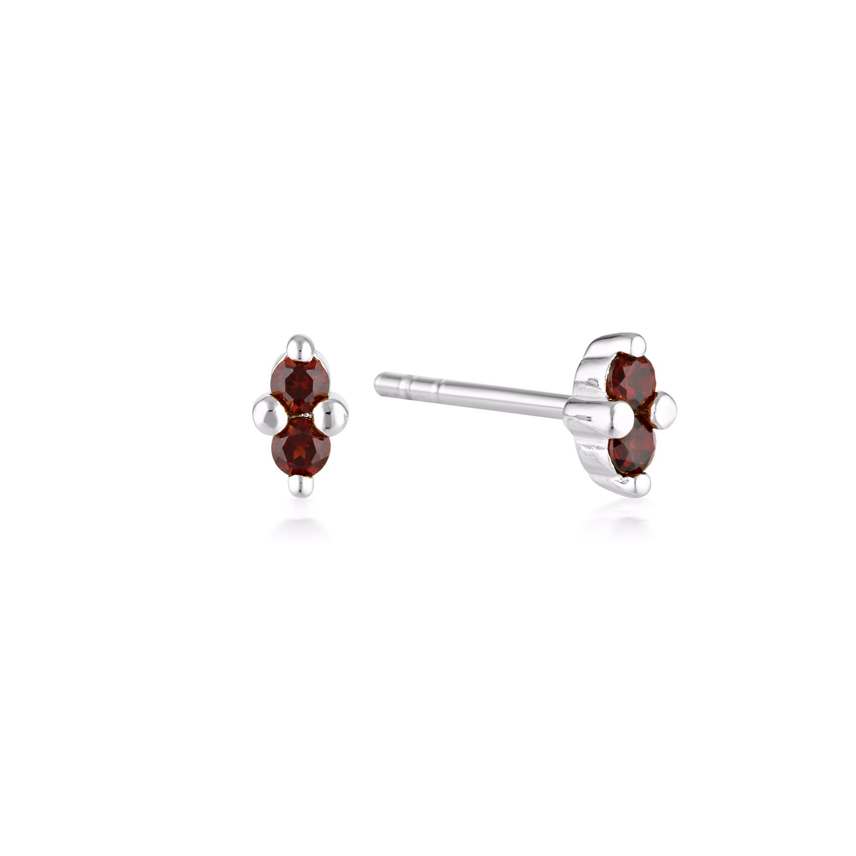 Silver January birthstone stud earrings featuring garnet gemstones by Linda Tahija, elegant and sparkling jewelry accessory.