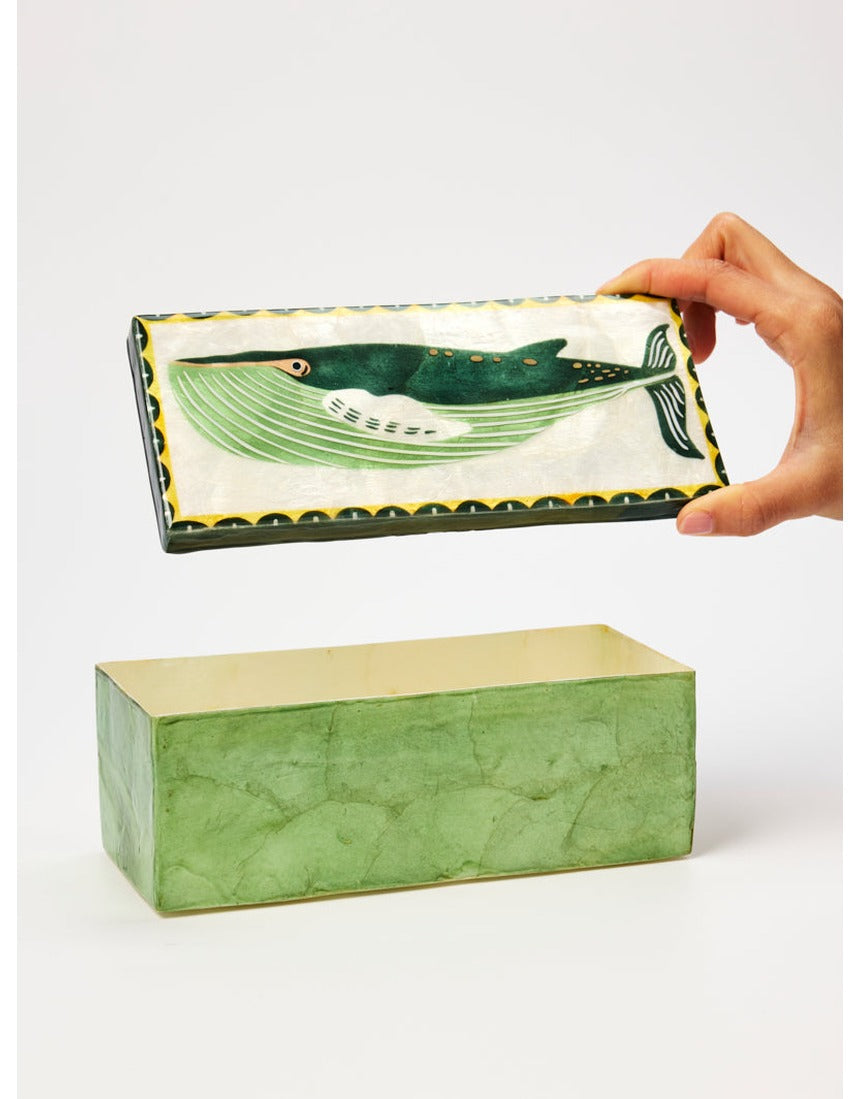 Jones & Co Mariner Box Whale jewelry box with a whale design, featuring a wooden finish and decorative maritime theme.