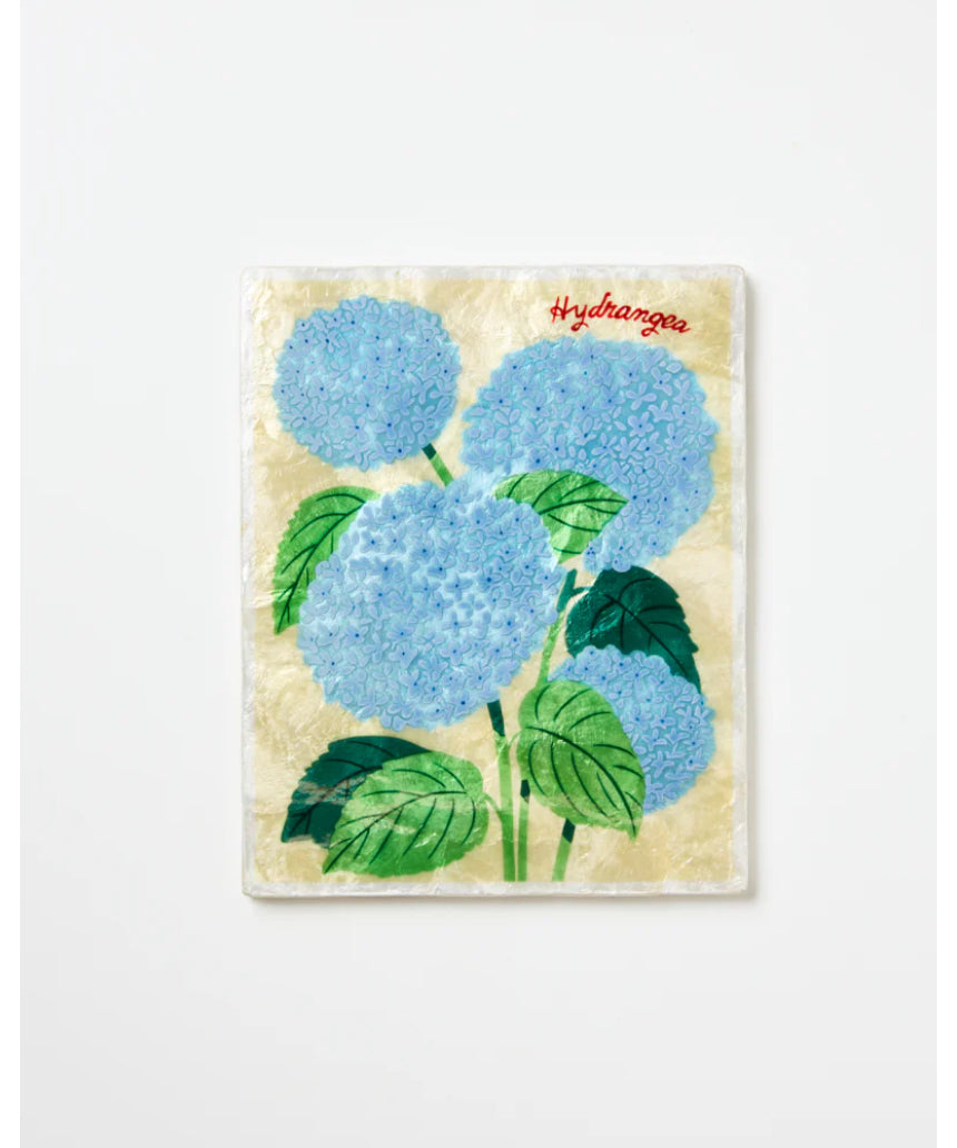 Jones & Co Market Wall Art featuring vibrant hydrangea floral design on a decorative wall piece.