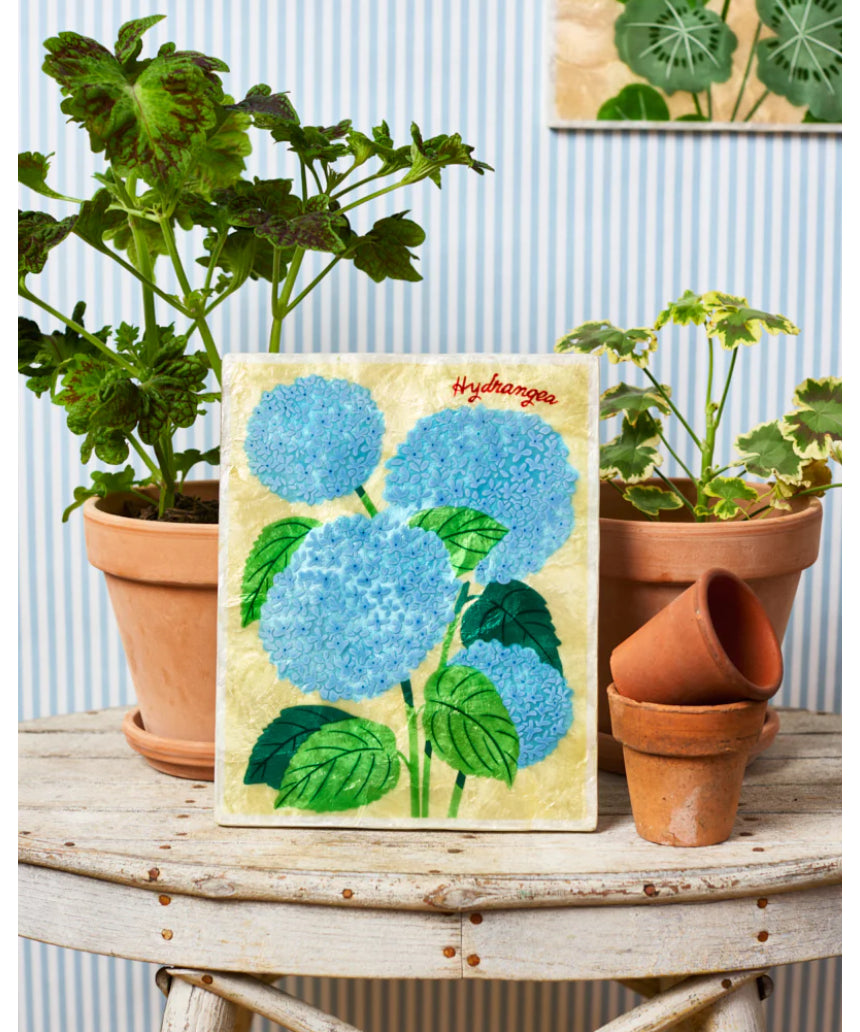 Jones & Co Market Wall Art featuring a beautiful hydrangea floral print on a textured background.