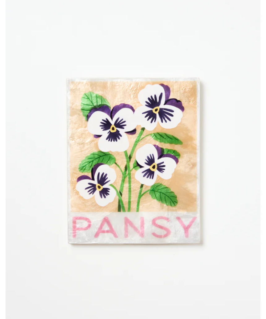 Jones & Co Market Wall Art featuring a vibrant pansy flower with detailed botanical illustration on a decorative wall art print.