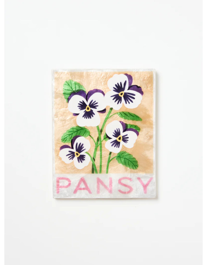 Jones & Co Market Wall Art featuring a vibrant pansy flower with detailed botanical illustration on a decorative wall art print.