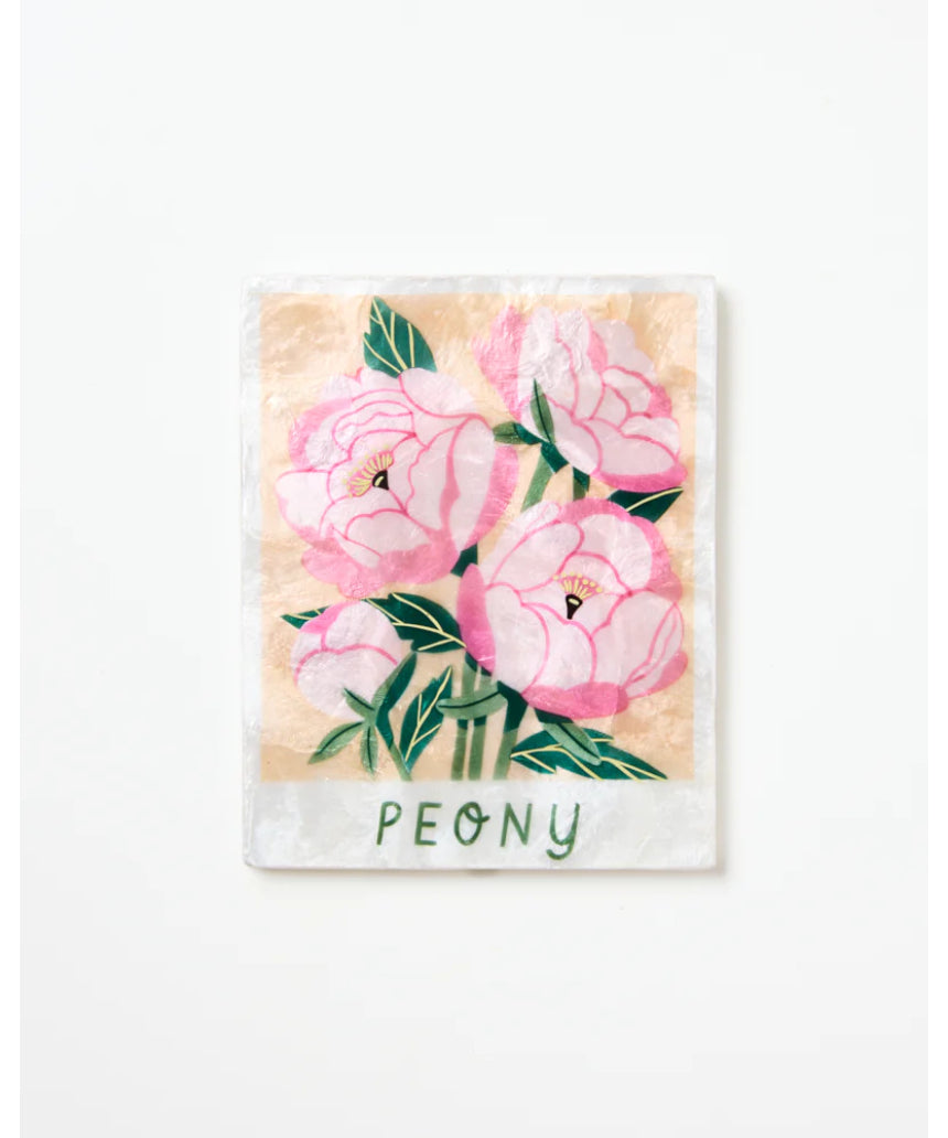 Jones & Co Peony Market Wall Art featuring a detailed illustration of blooming peonies in a vintage style.
