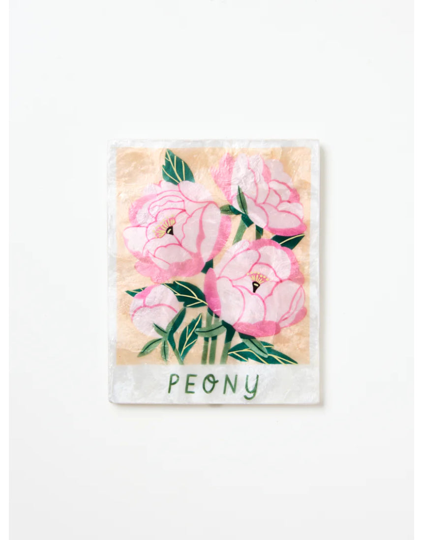 Jones & Co Peony Market Wall Art featuring a detailed illustration of blooming peonies in a vintage style.