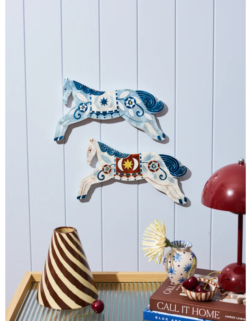 Jones & Co blue horse Paloma wall art featuring a vibrant, stylized horse design on a textured background.