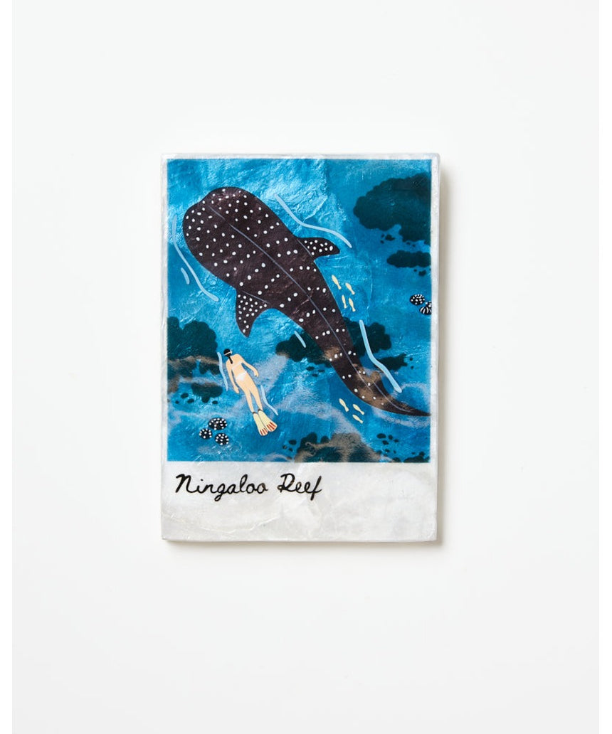 Jones & Co Snapshot Tile Ningaloo wall art featuring a vibrant coastal scene with coral reef and marine life in a colorful design.